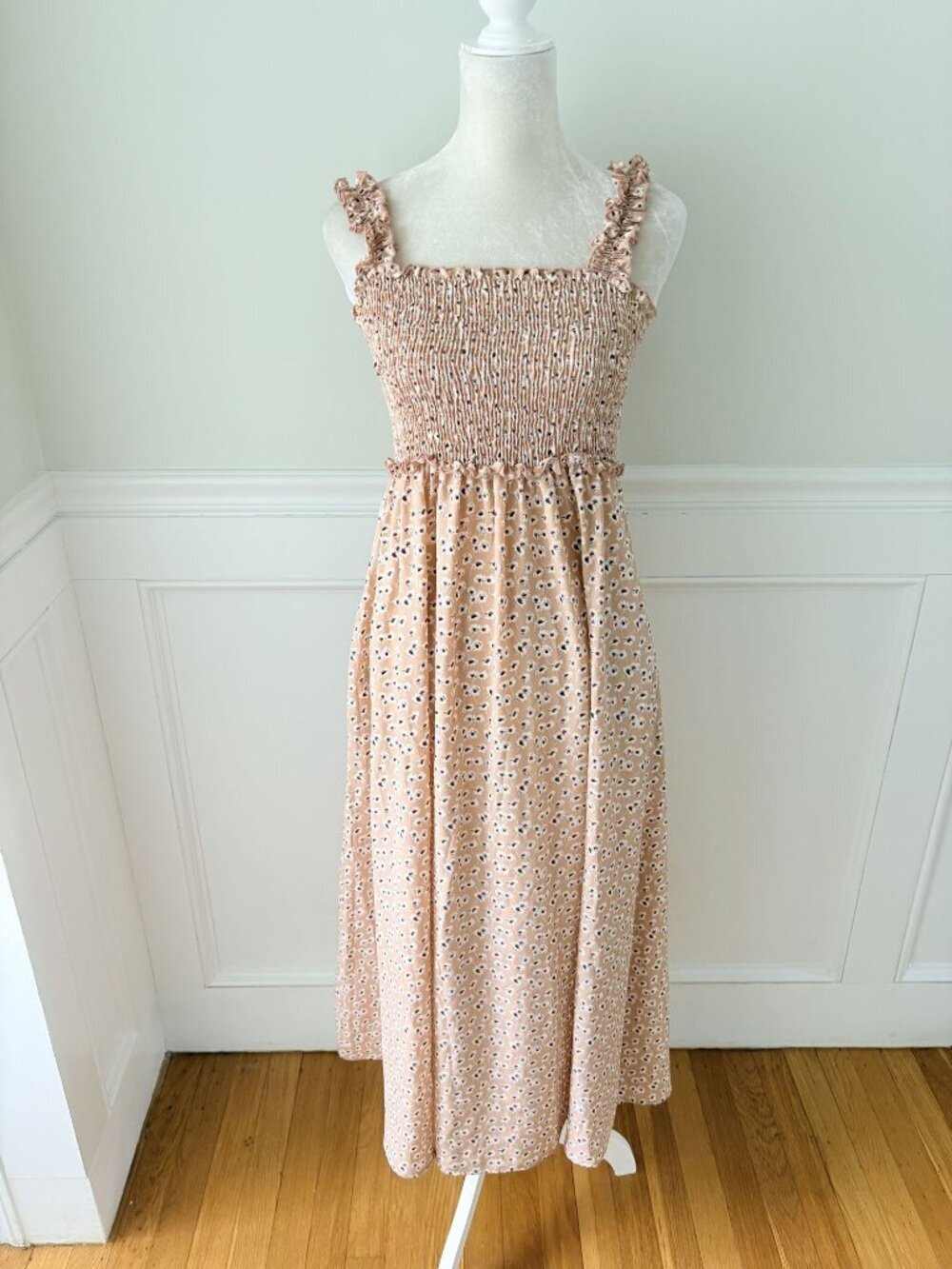 Hailey & Co Pink Floral Smocked Midi Dress With Ruffle Straps & Elastic Waist Si